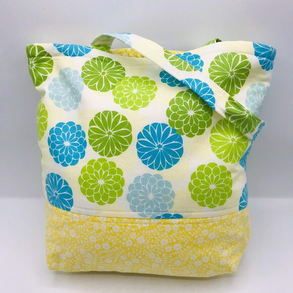Basic Lizbet Library Market Tote Bag Green Yellow Florals 12x13x3" With Pockets - Picture 4 of 8